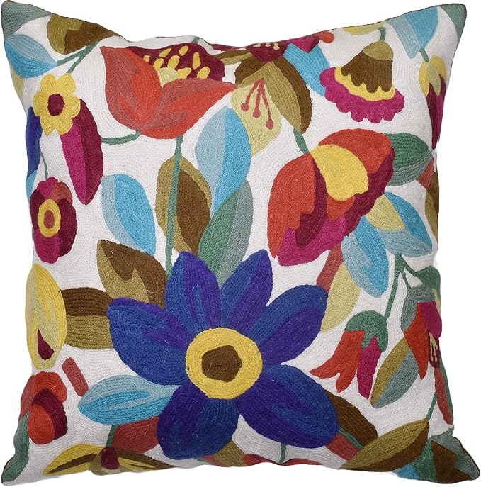 Cream Floral Pillow Cover Blue Flower Pillowcase Boho Cushion Florals Accent Throw Pillowsham Wool Hand Embroidered Size 18x18-Ruum Studio Home