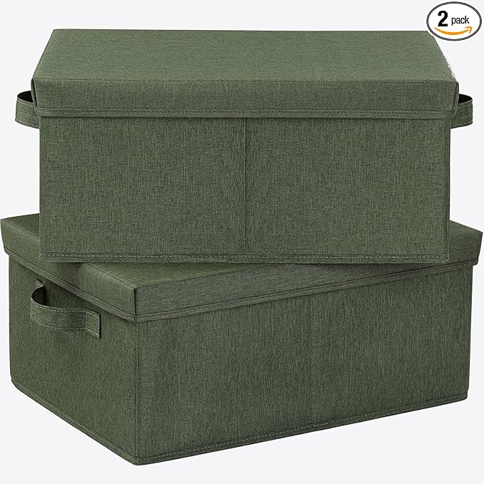 HOONEX Storage Bins with Lids for Organizing, Pack of 2, Storage Boxes with 2 Carrying Handles and Sturdy Heavy Cardboard, 16.5" L x 11.8" W x 7.5" H for Shoes, Books, Clothes, Olive-Ruum Studio Home