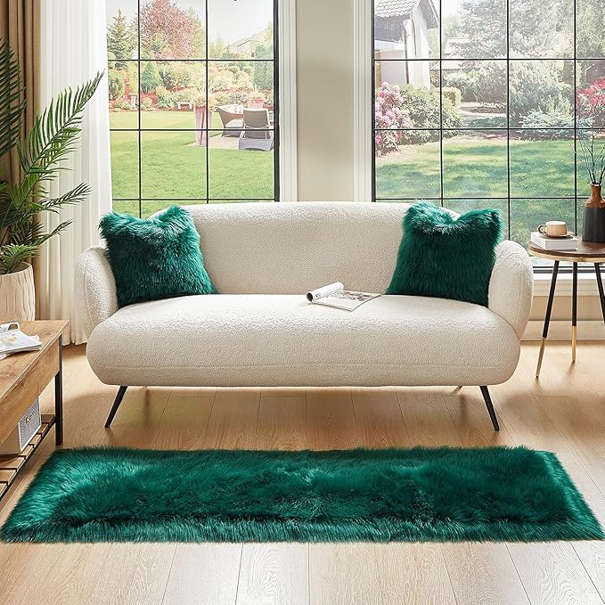 AMTOVO Faux Fur Rug, Dark Green Ultra Soft Fluffy Shag Sheepskin Rug, 2 x 6 ft Runner Area Rugs for Bedroom Sofa Throw Cushion Room Decor, Rectangle-Ruum Studio Home