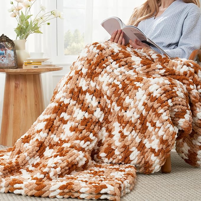 Amélie Home Chunky Knit Throw Blanket for Couch, Soft Chenille Crochet Blanket for Sofa, 50"x60", Space-Dyed Burnt Orange-Ruum Studio Home