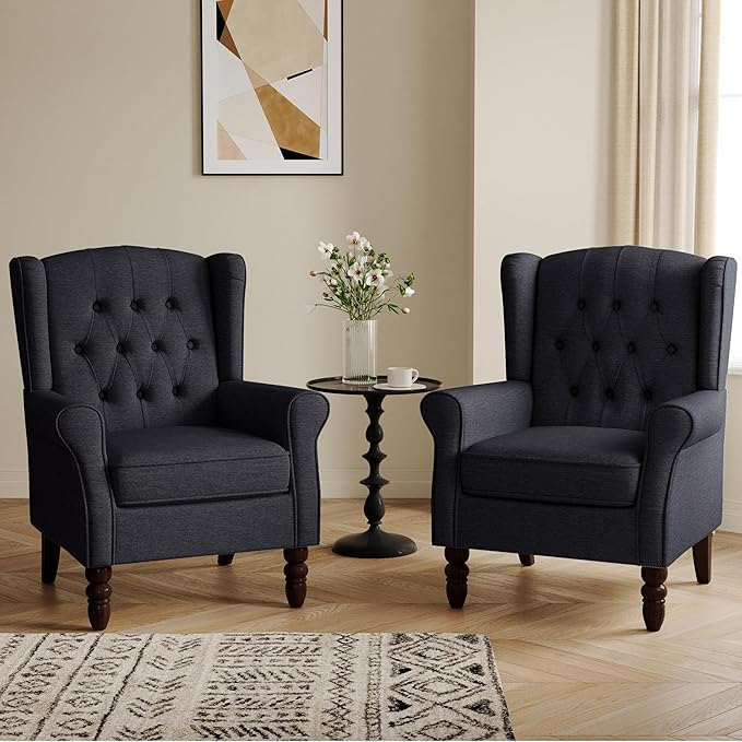 Lumibee High Back Accent Chair Set of 2,Upholstered Wingback Armchair with Solid Wood Legs for Small Spaces,Comfy Single Sofa Chair for Living Room,Bedroom,Office-Black Blue-Ruum Studio Home