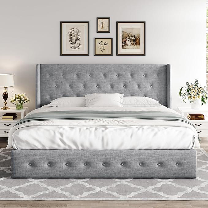 Allewie King Size Lift Up Storage Bed, Button Tufted Headboard with Wingback, Hydraulic Support, No Box Spring Needed, Light Grey-Ruum Studio Home