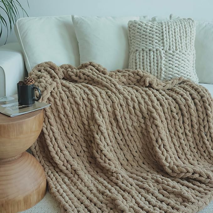 Maetoow Chenille Chunky Knit Blanket Throw （50×60 Inch）, Handmade Warm & Cozy Blanket Couch, Bed, Home Decor, Soft Breathable Fleece Banket, Christmas Thick and Giant Yarn Throws, Khaki-Ruum Studio Home