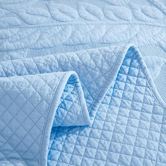 MarCielo 3-Piece 100% Cotton Oversized Bedspread Lightweight Quilt Coverlet Embroidery Farmhouse Bedding Set T0 (Light Blue, Oversized Queen (100"x106"))-Ruum Studio Home