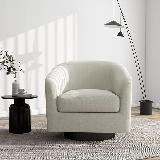 Swivel Barrel Accent Chair, Modern Round Linen Arm Chair for Living Room, Bedroom, Comfy Club Reading Chairs for Adults（Linen Fabric, Beige, Set of 1-Ruum Studio Home