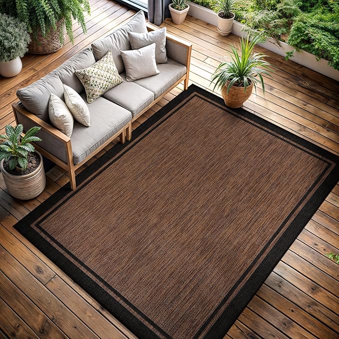 CAMILSON Indoor Outdoor Rug, 10x14 Bordered Nut Brown Black Modern Area Rugs for Indoor and Outdoor Patios, Kitchen and Hallway Mats, Washable Porch Deck Outside Carpet (Border Nut Brown Black 10 x14)-Ruum Studio Home
