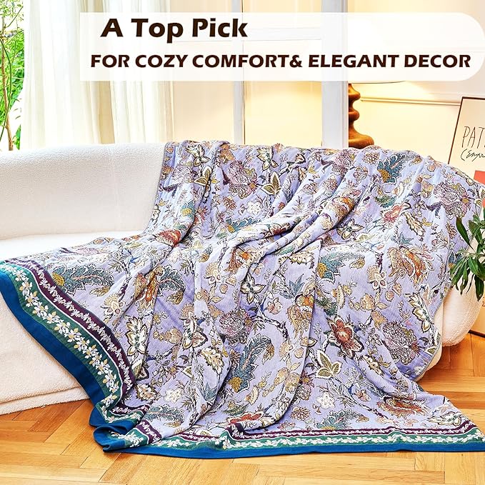 Boho Throw Blanket 91" x 98", 100% Organic Cotton Breathable Ultra Soft Bed Purple Quilt Throw - All Season Luxury Floral Farmhouse Decor Blanket for Sofa Couch Chair and Gift.-Ruum Studio Home