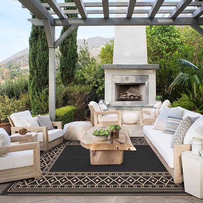 GENIMO Outdoor Rug Waterproof 9'x12' for Patio, Foldable Reversible Plastic Straw Carpet for Travel Trailers, Outside Area Mat for Rv, Deck, Picnic, Porch, Camper, Balcony, Beach, Black & Brown-Ruum Studio Home