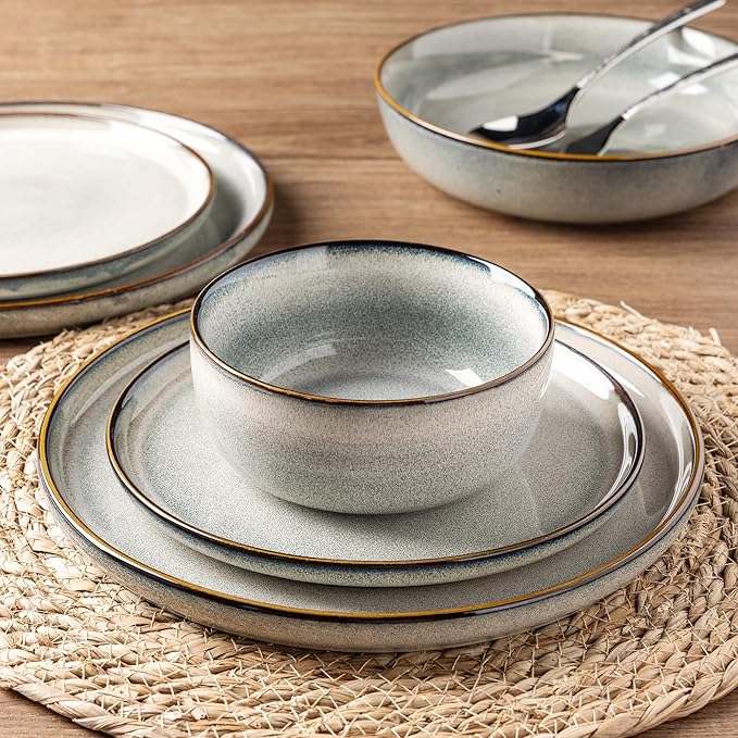 GBHOME Ceramic Dinnerware Sets for 6, 18 Pieces Stoneware Plates and Bowls Sets, Reactive Glaze Dishes -Scratch Resistant, Dishwasher&Microwave Safe, Green Wheat-Ruum Studio Home