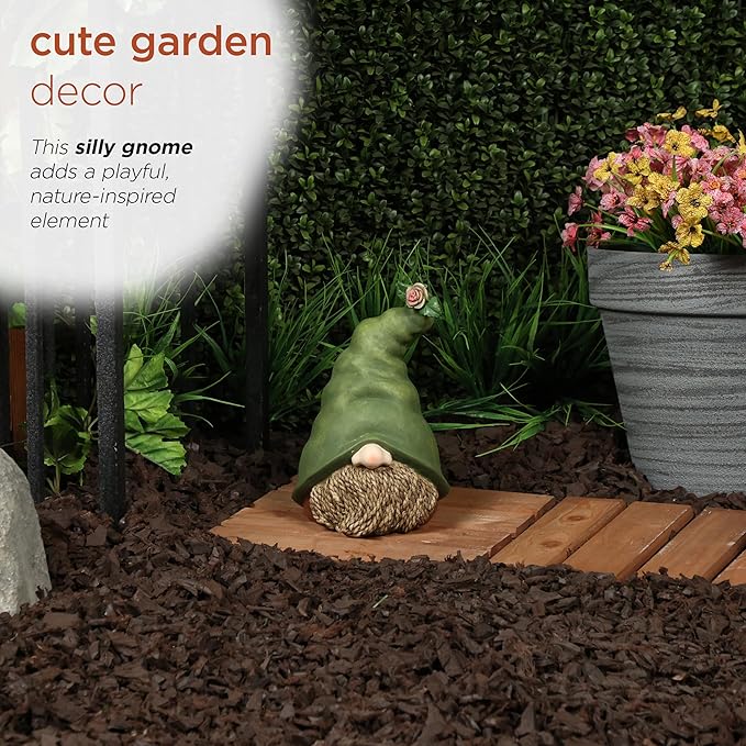 Alpine Corporation - 10" Tall Outdoor Garden Gnome Decor - Gnome Head with Rope Beard and Flower on Green Hat – Durable Lawn Scupture, Ideal for Patio, Deck, & Yard-Ruum Studio Home
