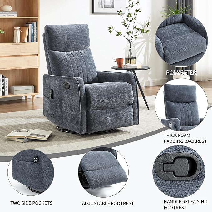 Manual Swivel Rocker Recliner Chair for Adults, Overstuffed Reclining Glider Chair for Nursing with Vibration Massage & Heat, Living Room Rocking Recliner 2-Stage backrest, Chenille Fabric Blue-Ruum Studio Home