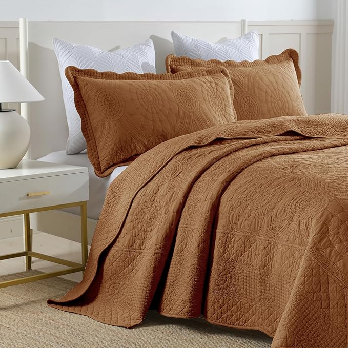 MarCielo 3-Piece 100% Cotton Oversized Bedspread Lightweight Quilt Coverlet Embroidery Farmhouse Bedding Set (Tf Dusty Orange, Oversized Queen (100"x106"))-Ruum Studio Home