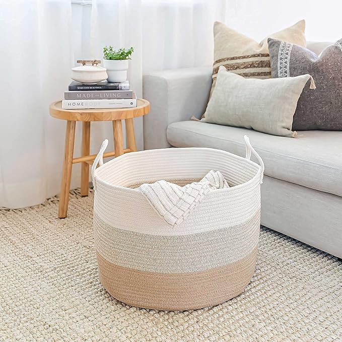 OrganiHaus Extra Large Blanket Basket for Living Room 20x13, Natural Cotton Rope Laundry Basket, Sturdy Hamper for Toy Storage, Cushions & Pillows Storage Bin, Nursery Decor Hamper - Honey-Ruum Studio Home
