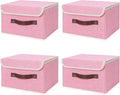 ANMINY 4PCS Storage Bins with Lid PU Leather Handles Storage Boxes PP Plastic Board Decorative Foldable Lidded Cotton Linen Fabric Home Cubes Baskets Closet Organizer Containers - Pink, Small Size-Ruum Studio Home