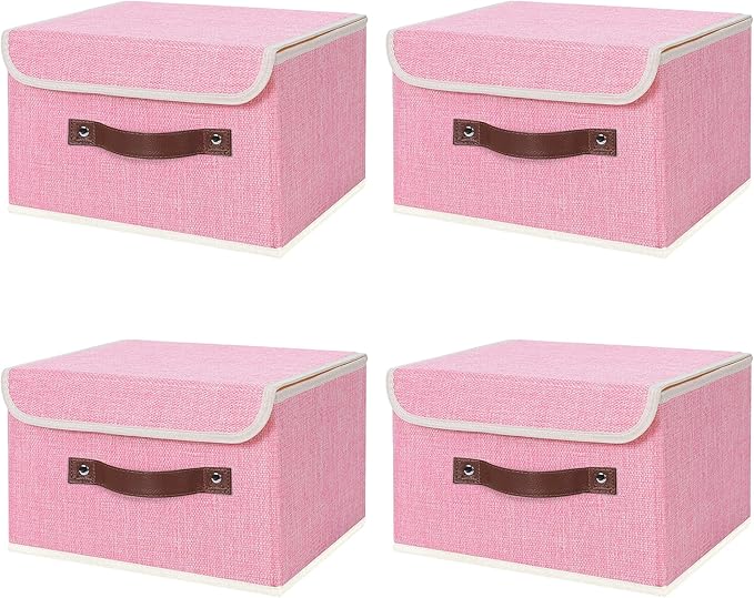 ANMINY 4PCS Storage Bins with Lid PU Leather Handles Storage Boxes PP Plastic Board Decorative Foldable Lidded Cotton Linen Fabric Home Cubes Baskets Closet Organizer Containers - Pink, Small Size-Ruum Studio Home