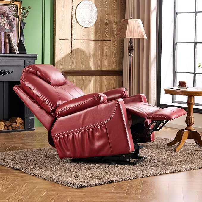 SALOHZA Power Lift Recliner Chair for Elderly with Massage and Heat for Living Room, Electric Recliner Chair for Adults with USB/Type C Port/Cup Holders, PU Faux Leather, Red-Ruum Studio Home