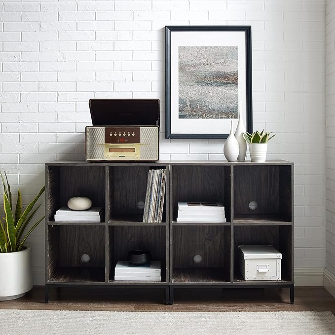 Crosley Furniture Jacobsen 2-Piece Vinyl Record Storage Cube Bookcase Set and Record Player Stand, Brown Ash-Ruum Studio Home
