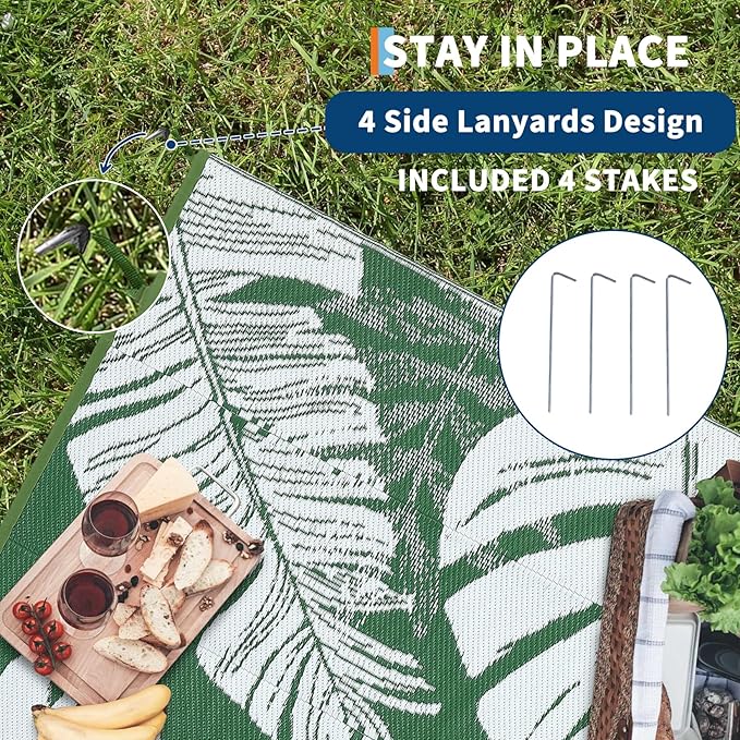 GAOMON Waterproof Plastic Straw Rug 9x12 Outdoor Patio Rug, Reversible Modern Camping Mat with Bag & Stakes, UV Resistant & Easy to Clean Outdoor Carpet for RV, Deck, Balcony, Green-Ruum Studio Home