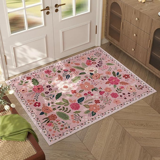 Door Mat Indoor Entrance 2x3 Rug Machine Washable Boho Floral Small Area Rug Non-Slip Low Pile Throw Rugs for Entryway, Kitchen, Front Door Indoor Entrance, Entry, Kids Room (Pink)-Ruum Studio Home
