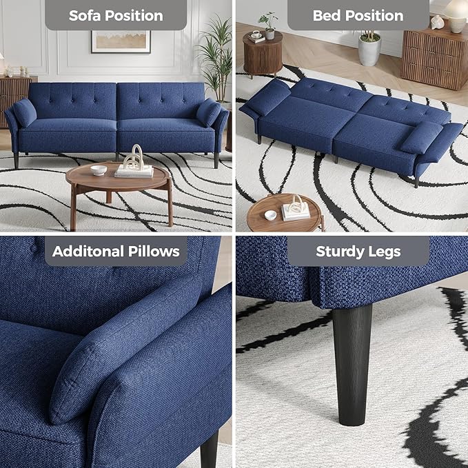 89” Futon Sofa Bed, Linen Comfy Futon Couch Bed with 2 Square Pillows, Convertible Sleeper Sofa with Adjustable Backrest& Armrests, Modern Loveseat Sleeper for Living Room, Bedroom, Blue-Ruum Studio Home
