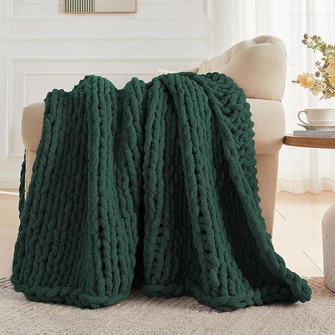 Carriediosa Chunky Knit Throw Blanket 60" X 80" Twin, 100% Hand Made Large Chenille Loop Yarn Soft Fluffy Throws for Couch Sofa Bed, Big Crochet Cozy Heavy Thick Cable Woven Blankets, Dark Green-Ruum Studio Home