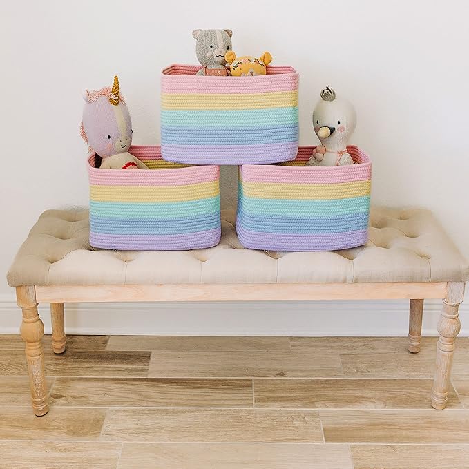 OrganiHaus Set of 3 Rainbow Woven Storage Baskets for Organizing, Cotton Rope Organizer Bins for Shelves, Closet & Nursery, Dog Toy Basket, Decorative Bins for Toys, Towels & Books - 15x10x9-Ruum Studio Home
