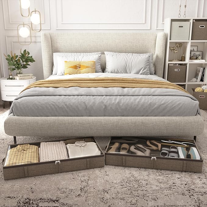 Brown Low Profile Under Bed Storage Containers 5 inches high, 33.8"x 17.7"x 5.1", Sturdy Underbed Shoe Storage Organizer, Foldable Fabric Under the Bed Storage Bins - Pack of 2-Ruum Studio Home