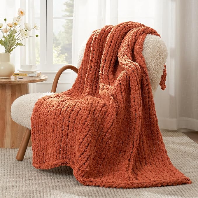 Amélie Home Chunky Knit Throw Blanket for Couch, Soft Chenille Crochet Blanket for Sofa, 50"x60", Burnt Orange-Ruum Studio Home