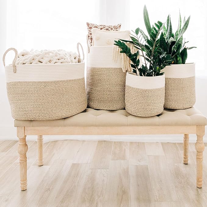 OrganiHaus Woven Laundry Basket, Large Cotton Rope Blanket Holder with Handles, Soft & Sturdy Nursery Hamper, Decorative Toy Bin for Living Room Organization 20x13 inches - Brown/Off-White-Ruum Studio Home