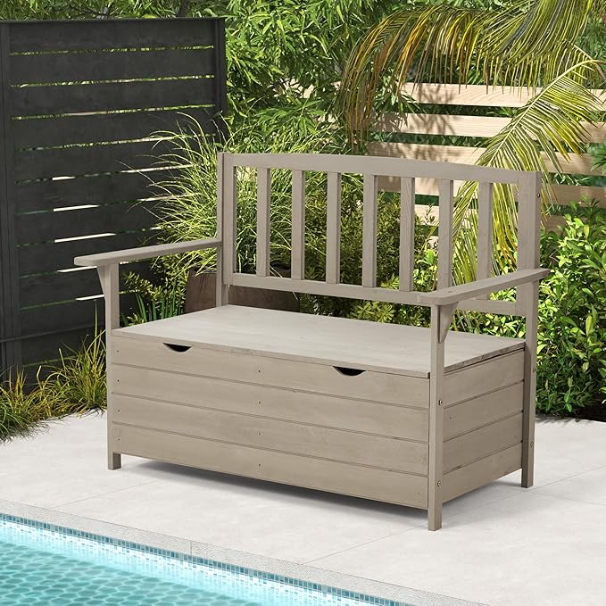 AVAWING Outdoor Storage Bench, Wooden Garden Bench Weatherproof, Patio Benches for Outside, 2-Seat Front Porch Bench, Park Bench for Deck, Lawn, Backyard (Light Gray)-Ruum Studio Home