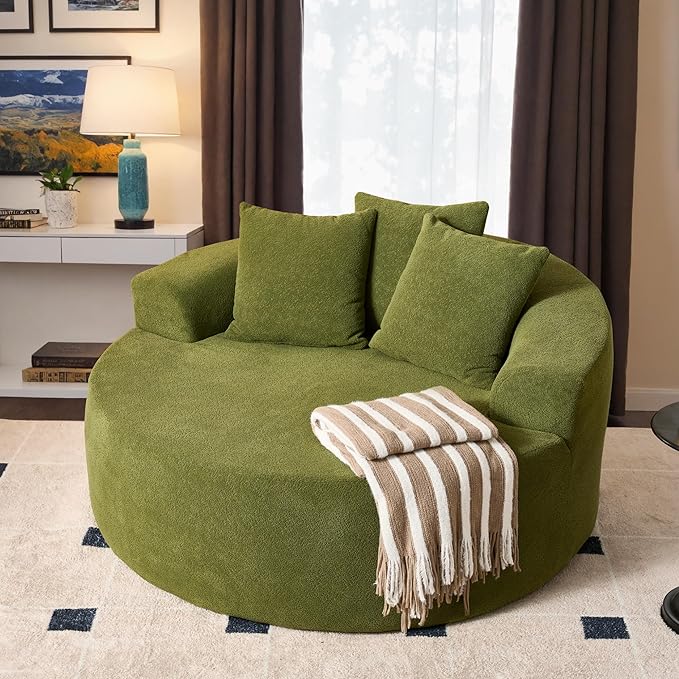 ovios 58" Oversized Round Chair Lounge Chaise Indoor, No Assembly Required, Cloud Large Circle Chair with Plush Fuax Fur, Fluffy Modern Sleeper Sofa Bed for Reading Yoga, Green (Cloud Velvet)-Ruum Studio Home