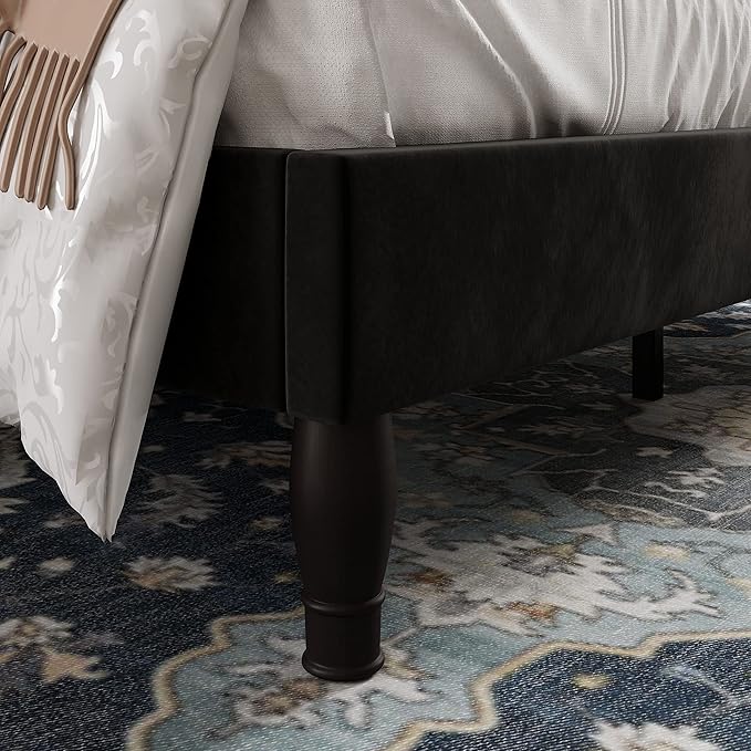 Allewie Queen Velvet Bed Frame with Adjustable Headboard, Wooden Slats, No Box Spring Needed, Easy Assembly, Black-Ruum Studio Home