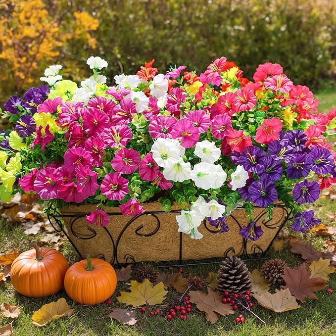 Artificial Flowers for Outdoors Fake Plants Outside Decoration, 12 Bundles Silk Colorful Morning Glory with Eucalyptus UV Resistant Realistic Faux Flowers for Planter Porch Patio Yard Garden-Ruum Studio Home