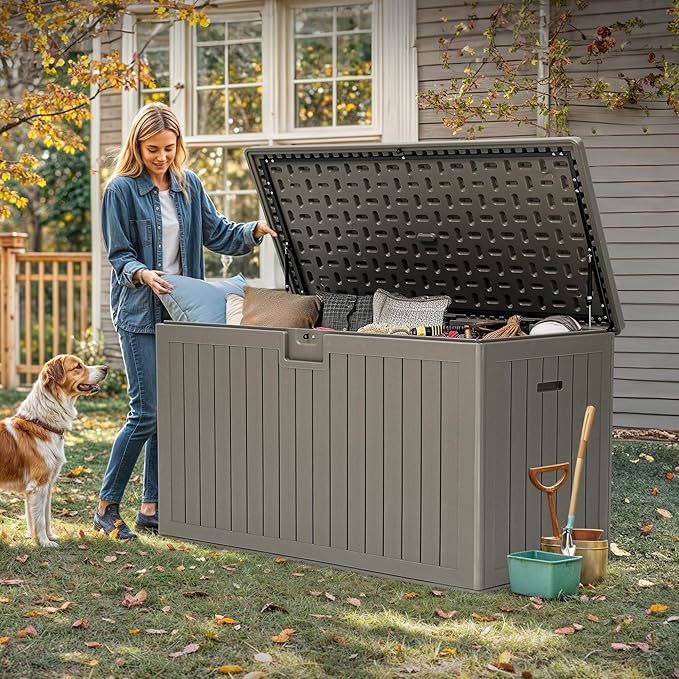 YITAHOME 200 Gallon Extra Large Deck Box, Double-Wall Resin Outdoor Storage Box with Flexible Divider for Patio Cushions Pool Supplies Garden Tools, 990 lbs Load Capacity, Lockable (Light Brown)-Ruum Studio Home