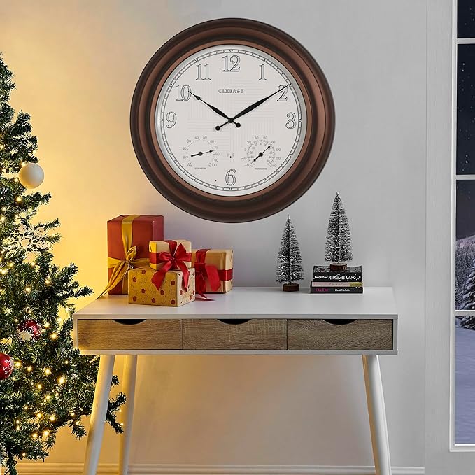 CLXEAST 24 Inch Illuminated in/Outdoor Lighted Atomic Analog Wall Clock with Thermometer & Hygrometer, Oversized Large Waterproof Wall Clocks for Living Room Decor,Bronze Finish-Ruum Studio Home