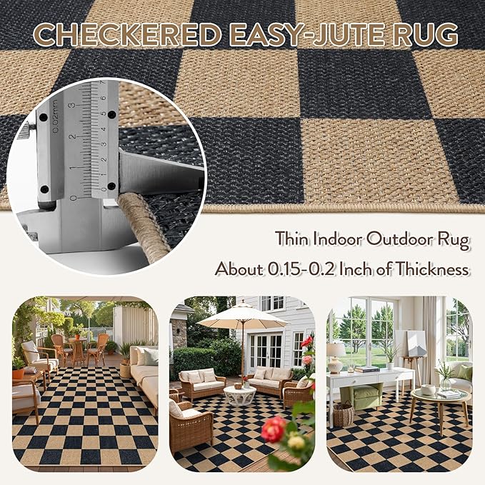 Lahome Checkered Easy Jute 8x10 Rug, Washable Rugs for Living Room Office, Farmhouse Neutral Non Slip Non Shedding Stain Resistance Indoor Outdoor Carpet for Balcony Patio Classroom-Ruum Studio Home