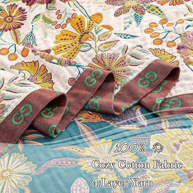 Boho Throw Blanket, 100% Cotton Ultra Soft Luxury Throw Rustic Quilt, 60"x80" Floral Printed Farmhouse Decor Bed Summer Blankets, All Season Rustic Reversible Bohemian Throw for Bed - White-Ruum Studio Home