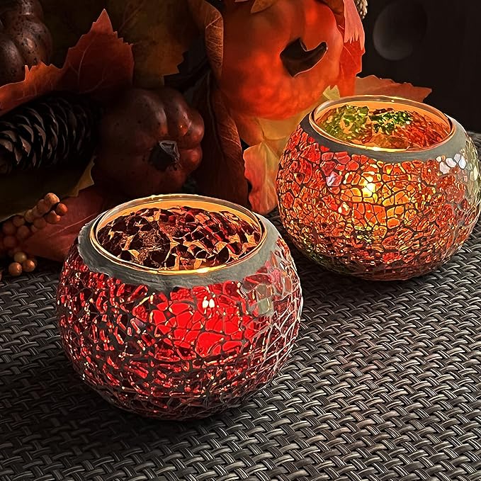 SHMILMH Mosaic Glass Candle Holder Set of 4, Votive Candle Holders Handmade Cracked Tealight Holders for Fall Christmas Diwali Home Decorations, Diwali Gift-Ruum Studio Home