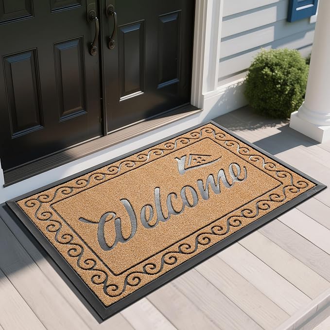 Yimobra Welcome Mat, Heavy Duty Sturdy Door Mats for Home Entrance Outdoor Indoor, Front Doormat for Outside Patio Floor Entry Porch Garage Office, Waterproof, Low Profile, 47X32 Inches, Yellow-Ruum Studio Home