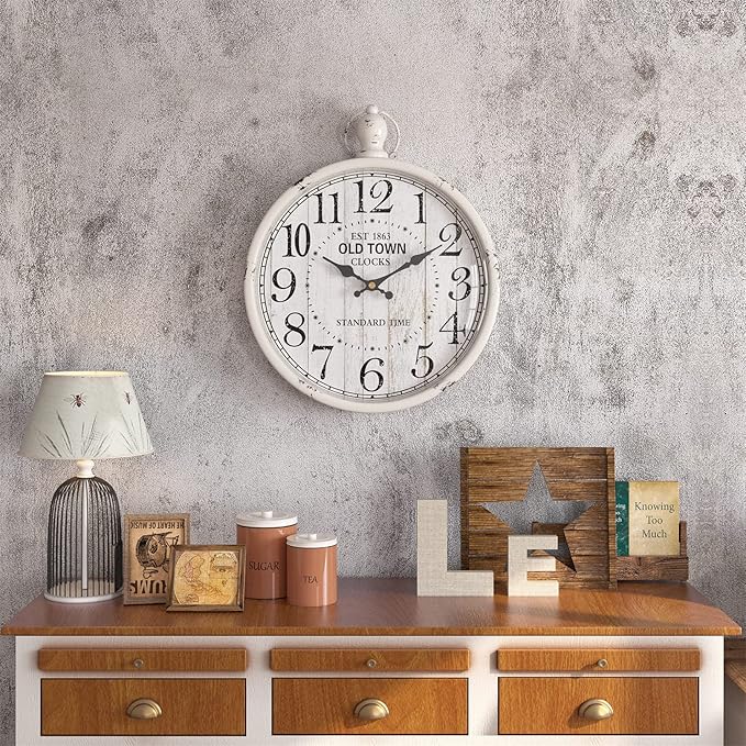 Menterry Retro Round Wall Clock. White Vintage Antique Style. Battery Operated Silent Wall Clocks for Farmhouse,Bathroom,Kitchen,Bedroom,Office, (11.8" H x 9.3" W)-Ruum Studio Home
