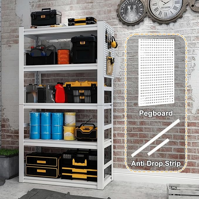 White Garage Shelving, 5 Tier Adjustable Shelving Units, Heavy Duty Metal Shelves, Bookshelf for Garage, Pantry, Basement, Living Room-Ruum Studio Home