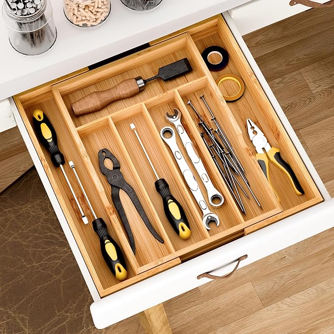 BAMEOS Bamboo Expandable Drawer Organizer, 5-7 Slots Kitchen Drawer Organizer, Adjustable Cutlery Tray for Utensils, Silverware & Flatware (Natural)-Ruum Studio Home
