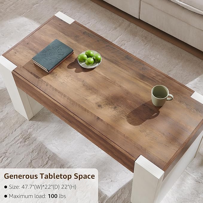 OKD 48" Modern Farmhouse Coffee Table, Wooden Living Room Table with Hidden Storage Drawer, Rustic Rectangular Center Tables with Wood Thick Design for Living Room, Office, Antique White-Ruum Studio Home
