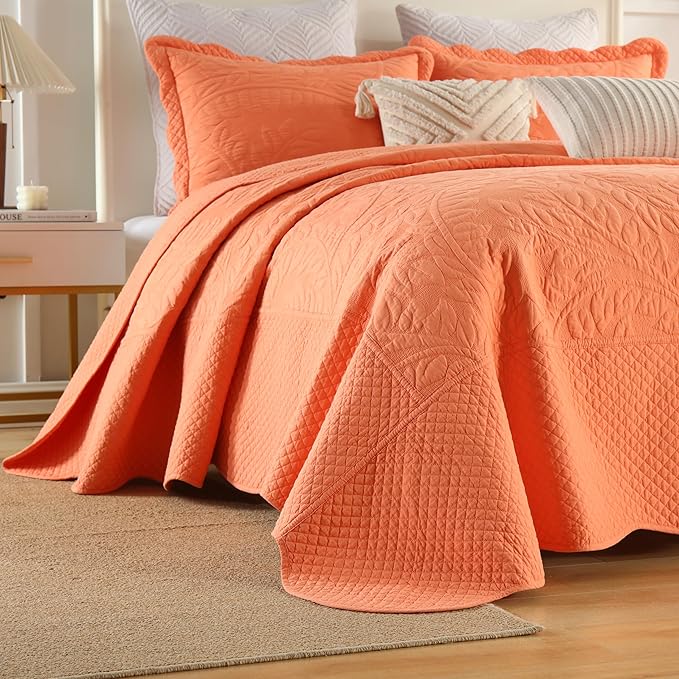 MarCielo 3-Piece 100% Cotton Oversized Bedspread Lightweight Quilt Coverlet Embroidery Farmhouse Bedding Set T0 (Salmon, Oversized Queen (100"x106"))-Ruum Studio Home