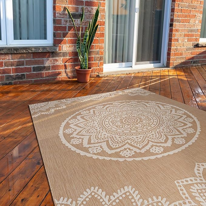 CAMILSON Outdoor Rug 9x12 Modern Area Rugs for Large Indoor and Outdoor Patios and Porches - Waterproof Washable Non-Shedding Easy-to-Clean Outside Carpet (9 x 12, Medallion - Beige/White)-Ruum Studio Home