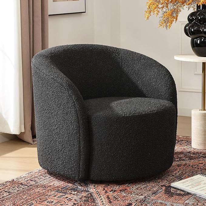 KINWELL 34" W Mid Century Modern Swivel Barrel Chair, Round Upholstered Boucle Swivel Accent Chairs, No Assembly Sofa Chair for Living Room Bedroom Reading Apartment Lounge Nursery(Black)-Ruum Studio Home