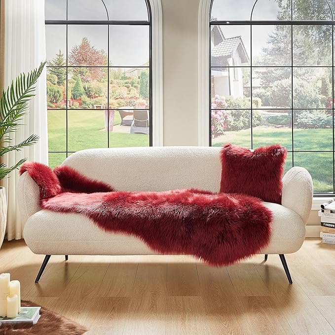 AMTOVO Faux Sheepskin Rug, Burgundy Ultra Soft Fluffy Shag Area Rug, 2 x 6 ft Faux Fur Rug for Bedroom Sofa Throw Cushion Room Decor, Sheepskin-Ruum Studio Home