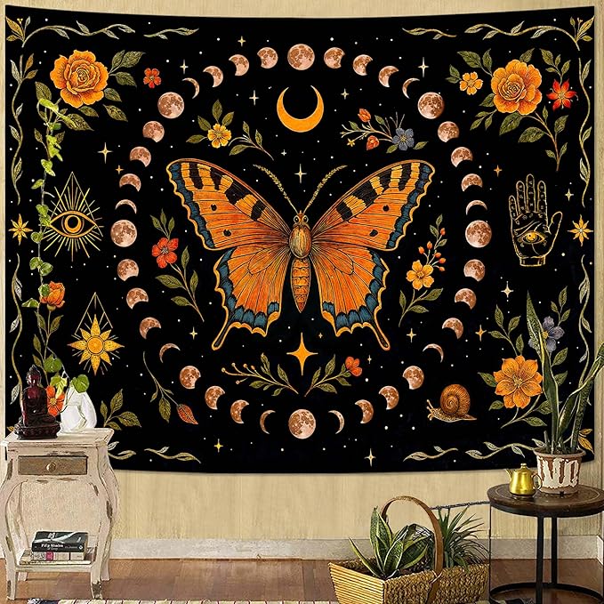 Lunerfex Moon Phase Butterfly Floral Wall Tapestry, Celestial Botanical Tapestries for Room Decor, Mystical Tapestry 60x44 Inch-Ruum Studio Home