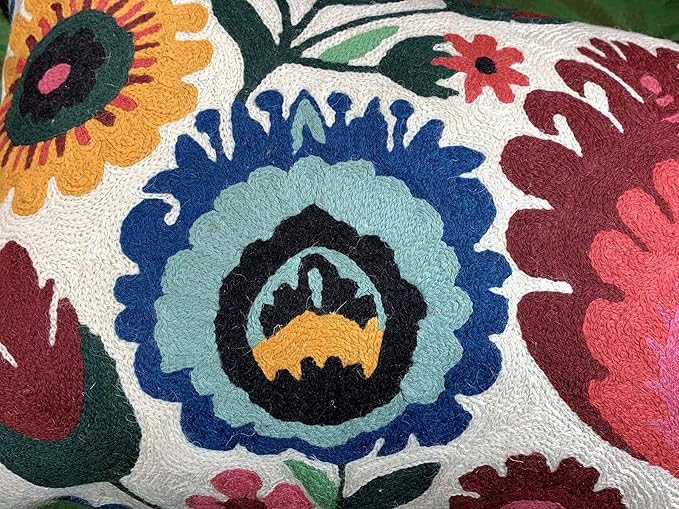 Lumbar Cream Floral Pillow Cover Polish Flower Accent Chair Pillowcase Couch Modern Farmhouse Couch Cushion Hand Embroidered Wool Size 14x20 Inch-Ruum Studio Home