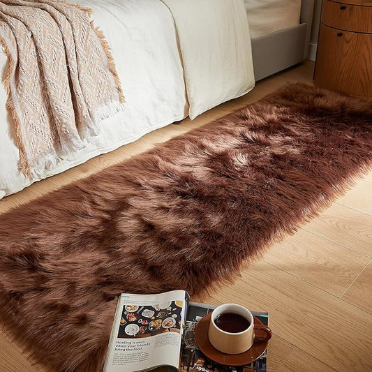 AMTOVO Faux Fur Rug, Coffee Ultra Soft Fluffy Shag Sheepskin Rug, 2 x 6 ft Runner Area Rugs for Bedroom Sofa Throw Cushion Room Decor, Rectangle-Ruum Studio Home